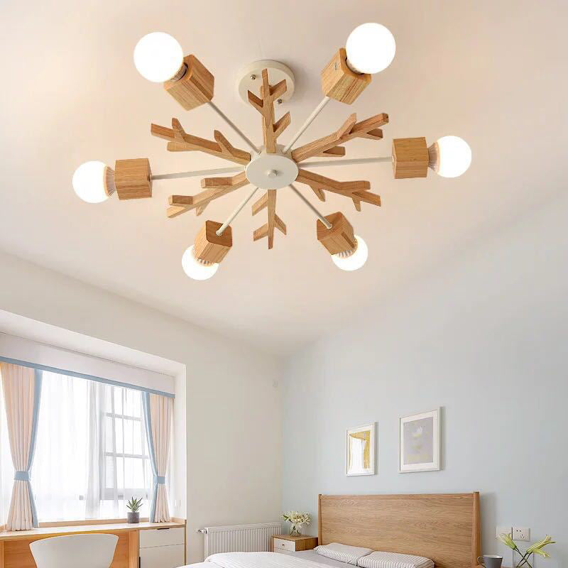 Wooden Nordic Beige LED Semi Flush Mount Ceiling Light for Bedroom