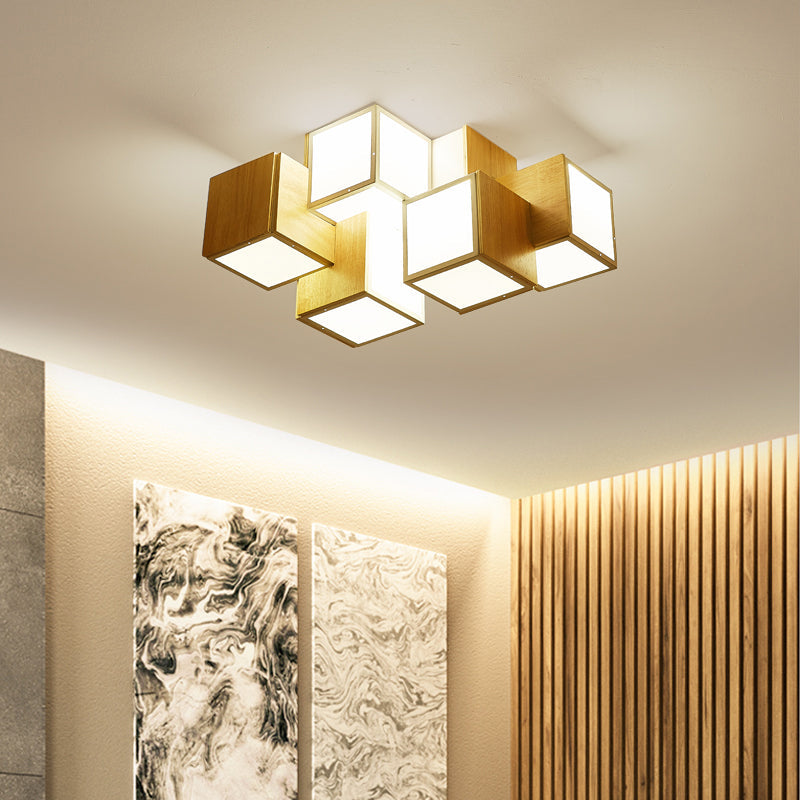 Modern Wooden Beige Cube Flush Ceiling Light - Bedroom Lighting Fixture