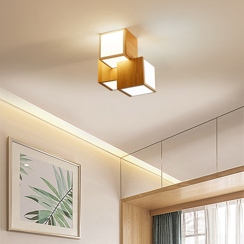 Modern Wooden Beige Cube Flush Ceiling Light - Bedroom Lighting Fixture