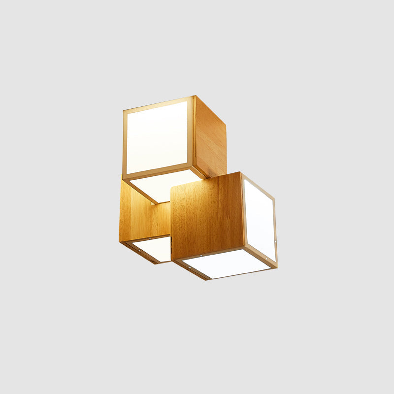 Modern Wooden Beige Cube Flush Ceiling Light - Bedroom Lighting Fixture