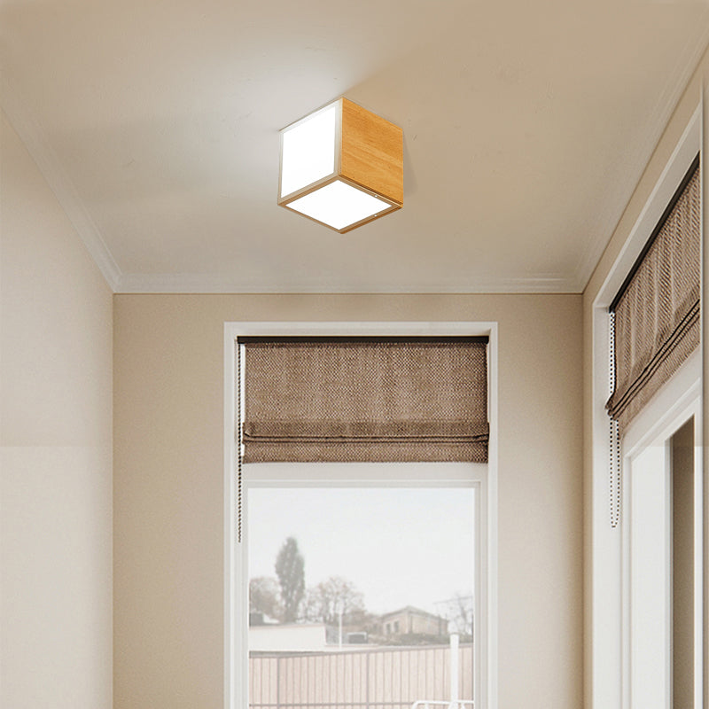 Modern Wooden Beige Cube Flush Ceiling Light - Bedroom Lighting Fixture