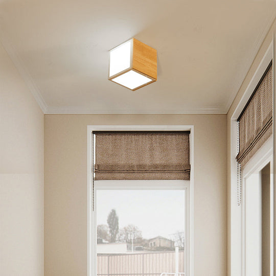 Modern Wooden Beige Cube Flush Ceiling Light - Bedroom Lighting Fixture 1 / Wood Warm