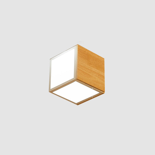 Modern Wooden Beige Cube Flush Ceiling Light - Bedroom Lighting Fixture