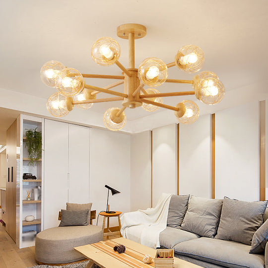 Nordic LED Wooden Chandelier with 2-Tier Radial Beige Design and Clear Glass Shades