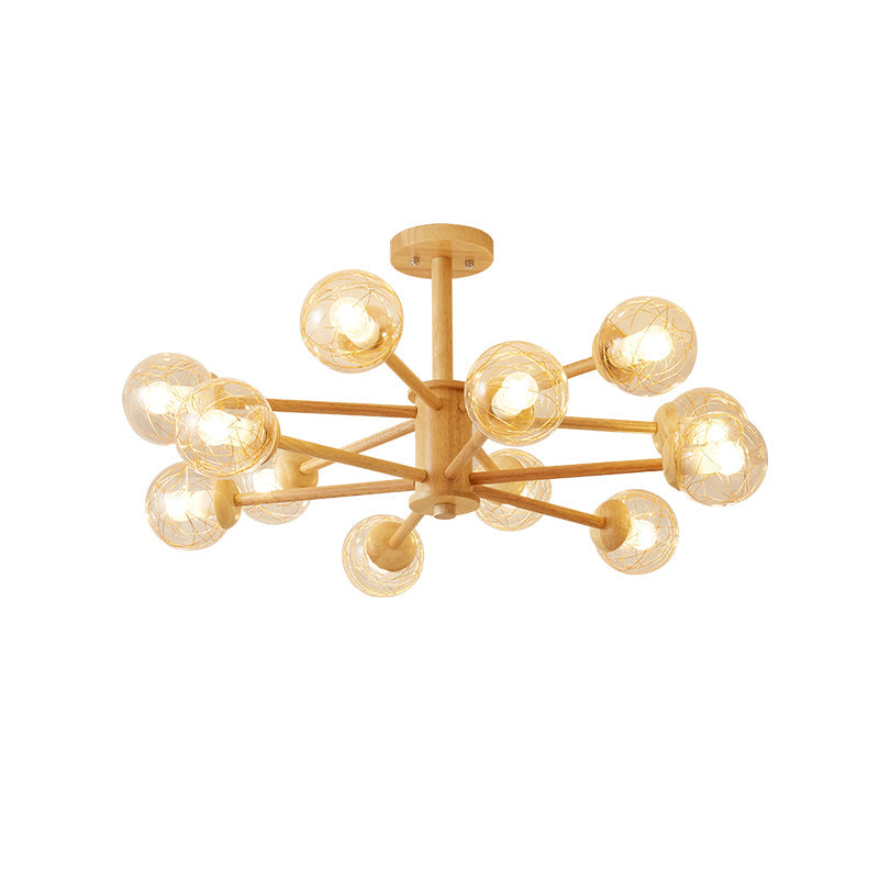 Nordic LED Wooden Chandelier with 2-Tier Radial Beige Design and Clear Glass Shades