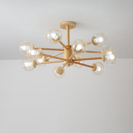 Nordic LED Wooden Chandelier with 2-Tier Radial Beige Design and Clear Glass Shades