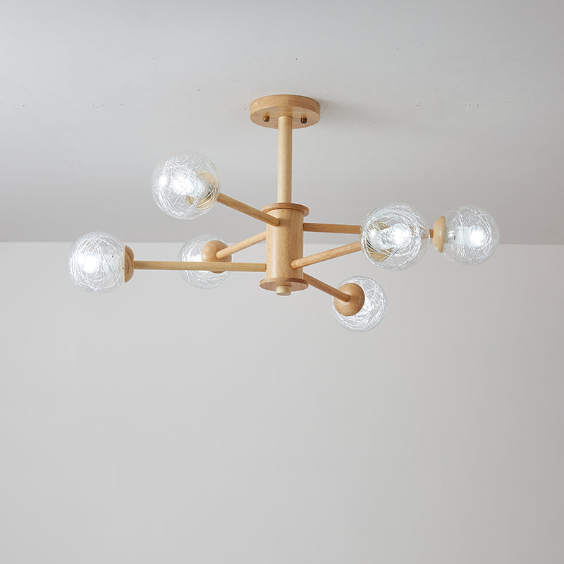 Nordic LED Wooden Chandelier with 2-Tier Radial Beige Design and Clear Glass Shades