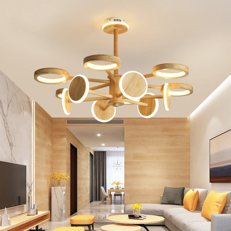 Japanese Radial Wooden Chandelier with LED Lights for Living Room Décor