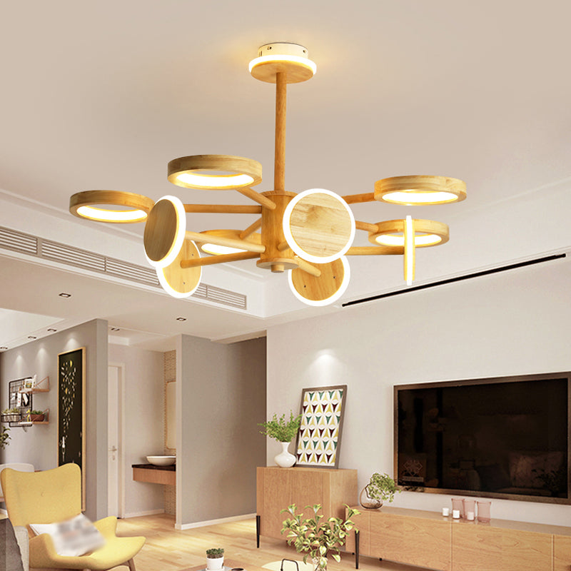 Japanese Radial Wooden Chandelier with LED Lights for Living Room Décor