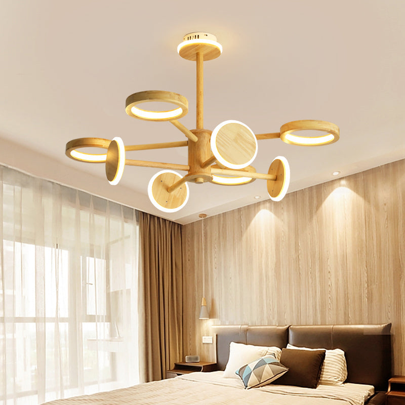 Japanese Radial Wooden Chandelier with LED Lights for Living Room Décor