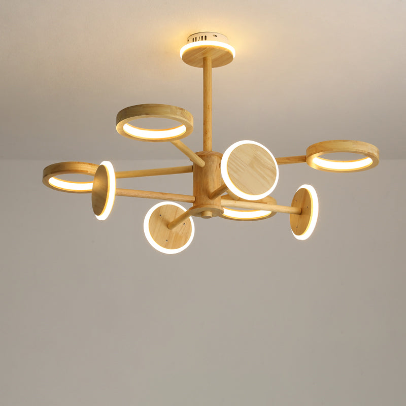 Japanese Wooden Radial Chandelier Led Light In Beige For Living Room