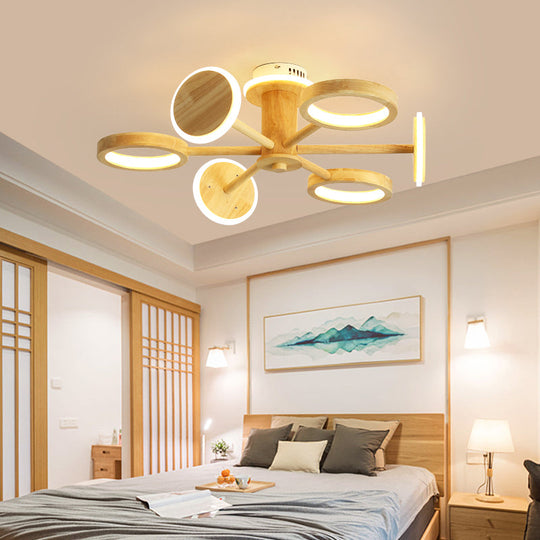 Japanese Radial Wooden Chandelier with LED Lights for Living Room Décor