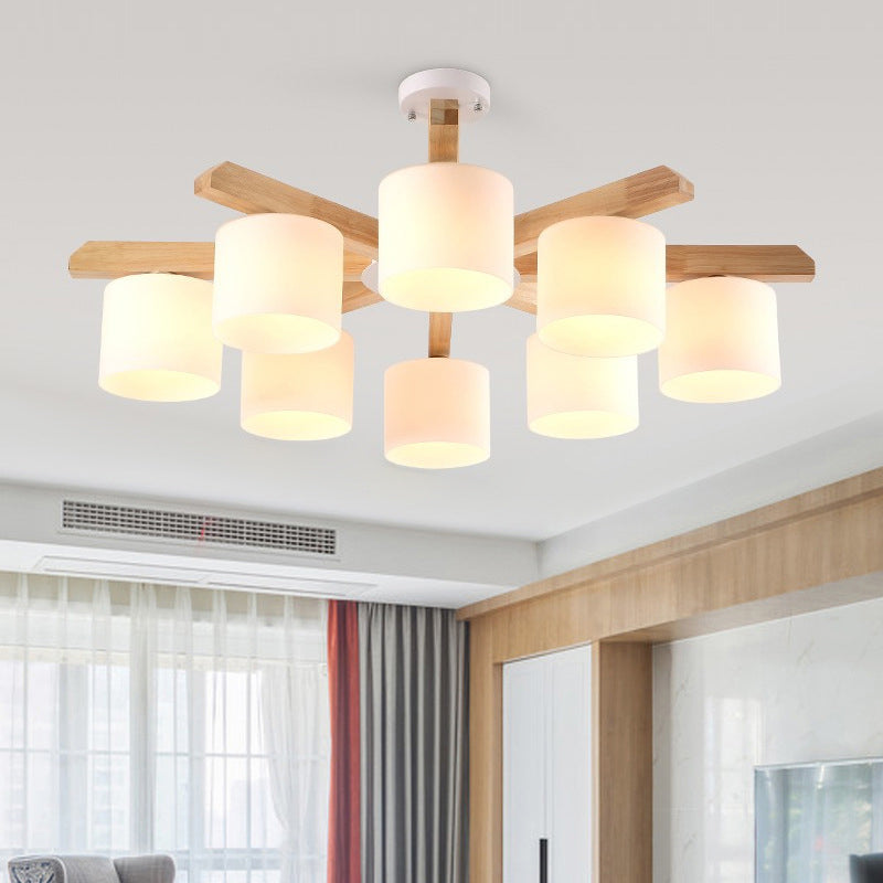 Contemporary Opal Glass Barrel Shade LED Wood Chandelier for Living Room