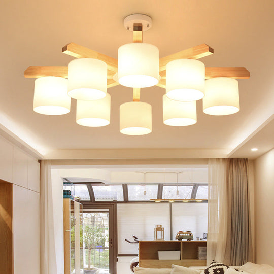 Contemporary Opal Glass Barrel Shade LED Wood Chandelier for Living Room