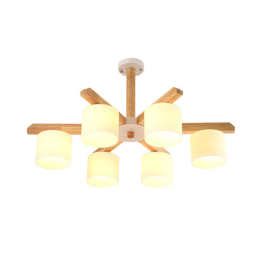 Opal Glass Barrel Shade Led Wood Chandelier For Contemporary Living Room