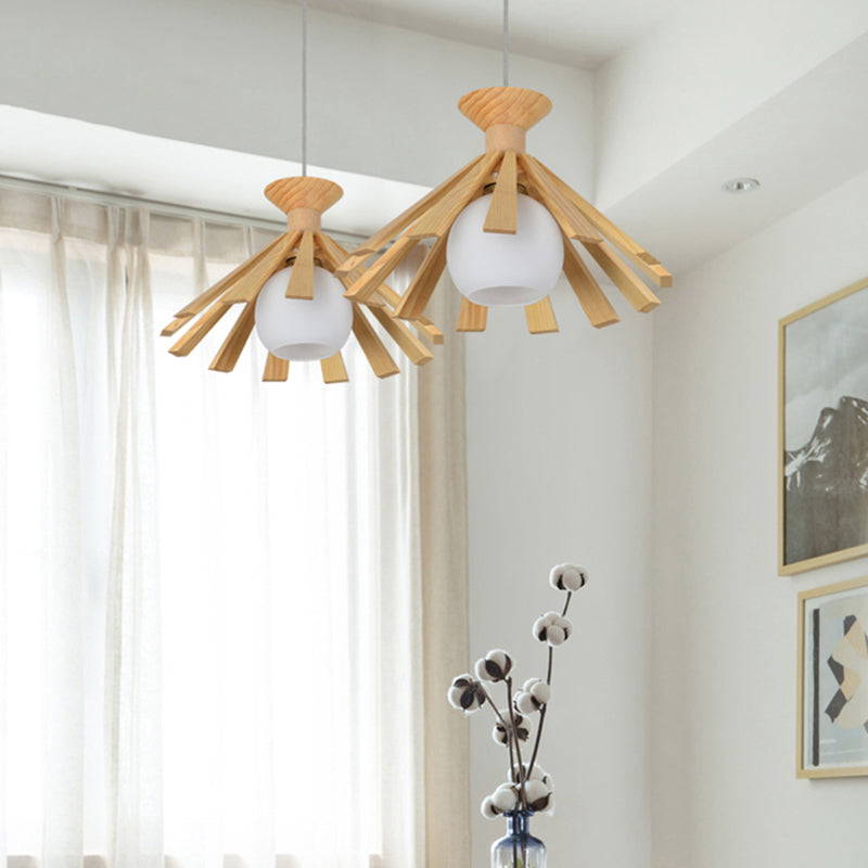 Contemporary Wooden Pendant Ceiling Light with Cream Glass Shade - Single-Bulb Dining Room Hanging Light