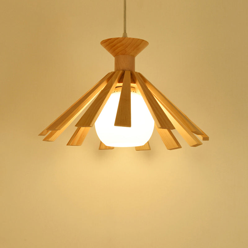 Contemporary Wooden Pendant Ceiling Light with Cream Glass Shade - Single-Bulb Dining Room Hanging Light