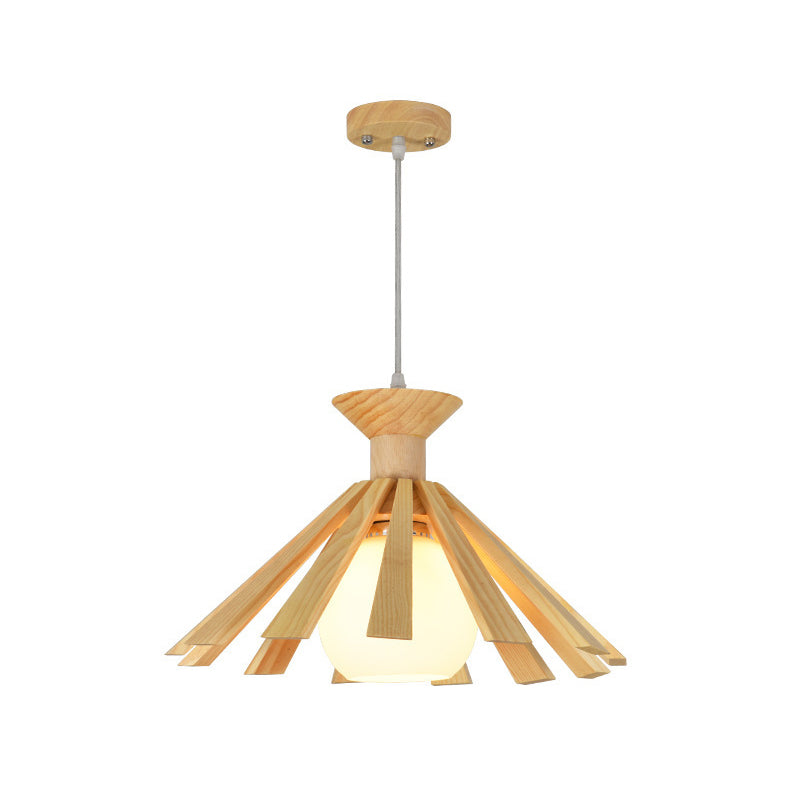 Contemporary Wooden Pendant Ceiling Light with Cream Glass Shade - Single-Bulb Dining Room Hanging Light