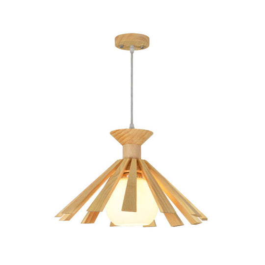 Contemporary Wooden Pendant Ceiling Light with Cream Glass Shade - Single-Bulb Dining Room Hanging Light