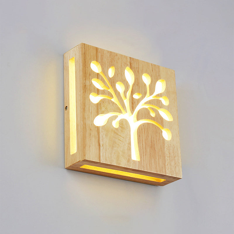 Led Wooden Wall Sconce: Contemporary Square Cutout Living Room Light