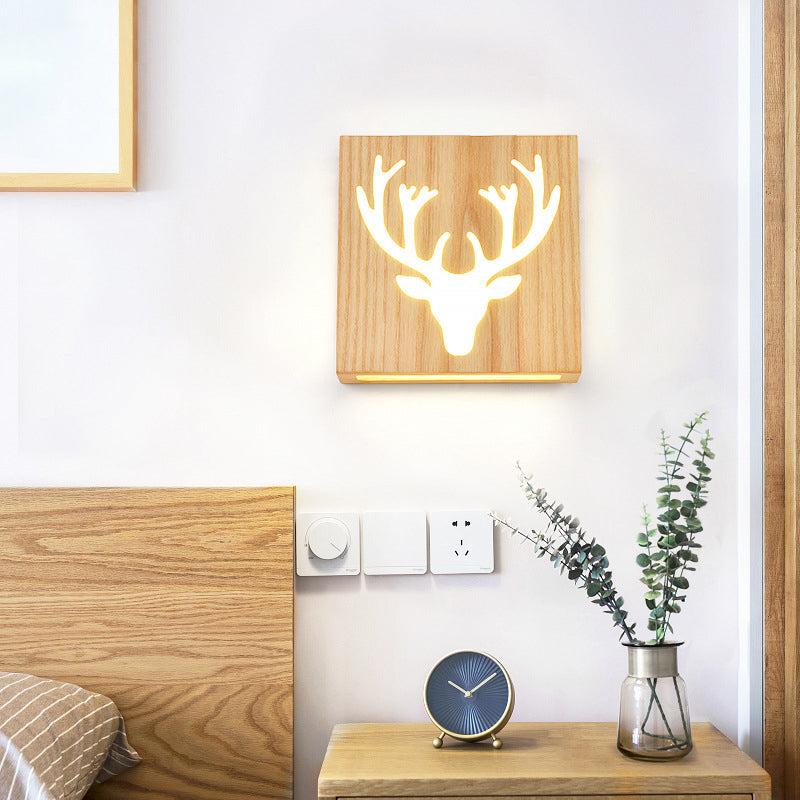 Led Wooden Wall Sconce: Contemporary Square Cutout Living Room Light Wood / White Antler