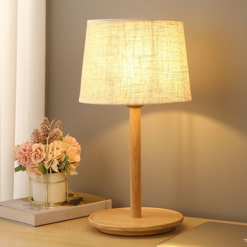 Modern Geometric Fabric Table Light With Single Wood Nightstand Base In Beige - Perfect For Bedroom