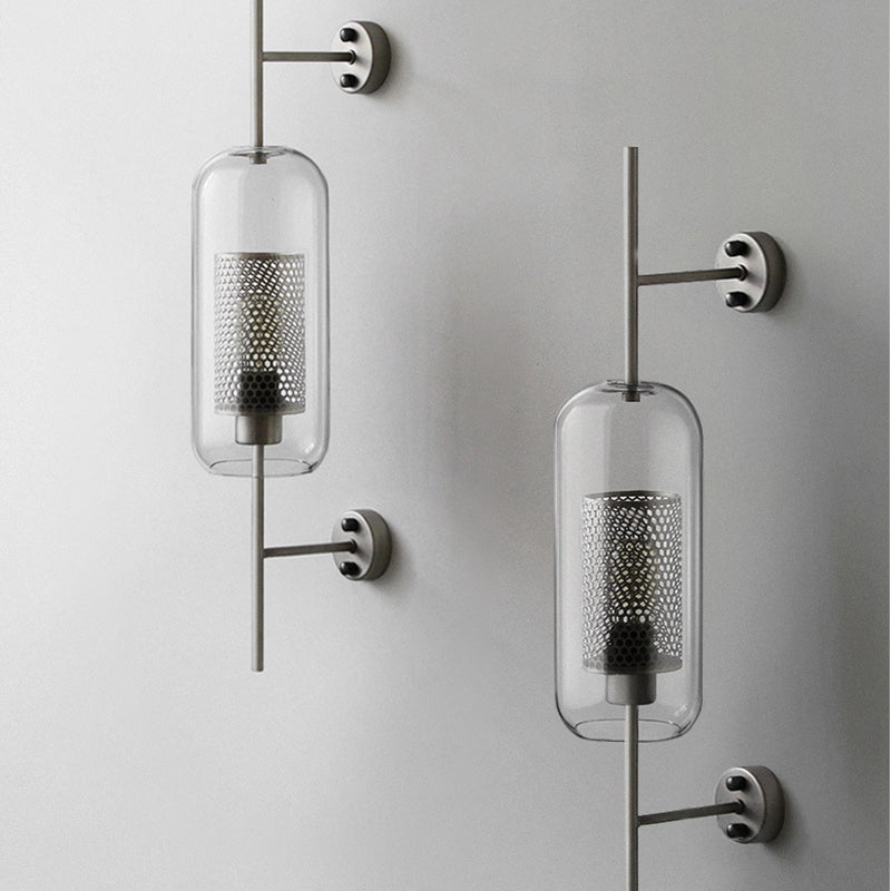 Modern Clear Glass Pill Capsule Wall Sconce With Mesh Screen - 1-Bulb Bathroom Lighting Fixture