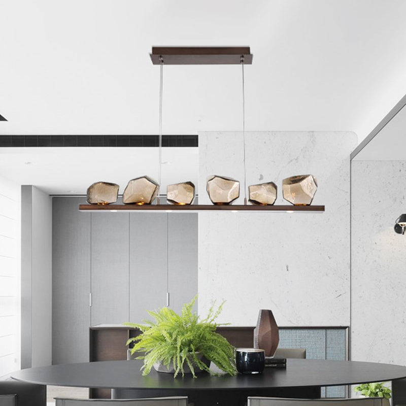 Amber Glass Stone Pendant Lamp - Minimalist 6-Bulb Island Fixture In Brown