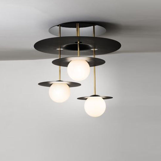 Sleek Metal Semi Flush Light with 3-Head Design: Modern Black Ceiling Lighting featuring Opal Glass Shade