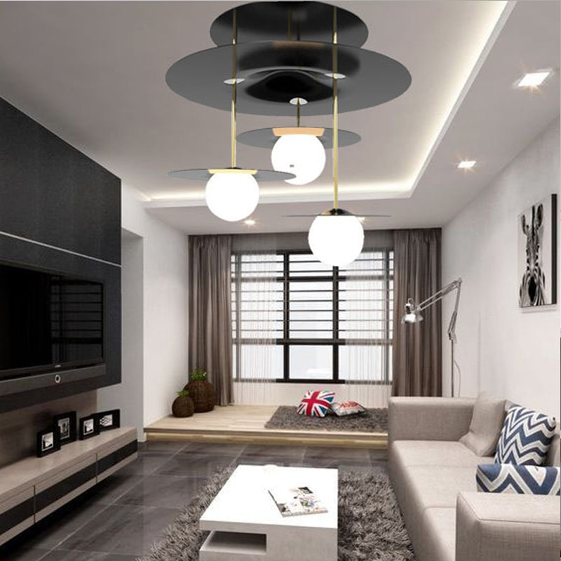 Sleek Metal Semi Flush Light with 3-Head Design: Modern Black Ceiling Lighting featuring Opal Glass Shade