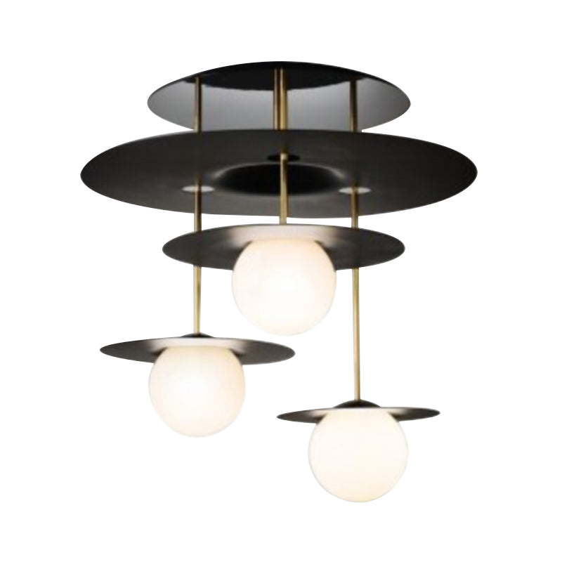 Sleek Metal Semi Flush Light with 3-Head Design: Modern Black Ceiling Lighting featuring Opal Glass Shade