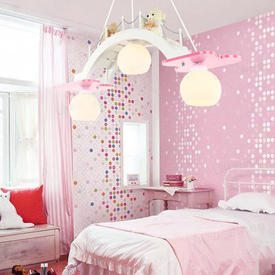 Cartoon Bridge Pendant Light With Toy Bear - 3 Lights Hanging For Girls Bedroom