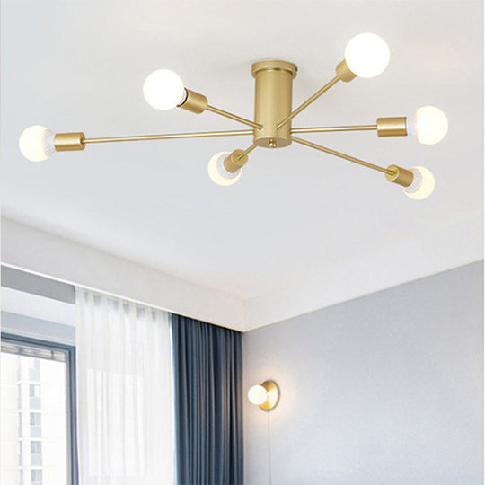 Sleek Sputnik Ceiling Light For Living Room - Metal Semi Flush Mount Chandelier 6 / Gold