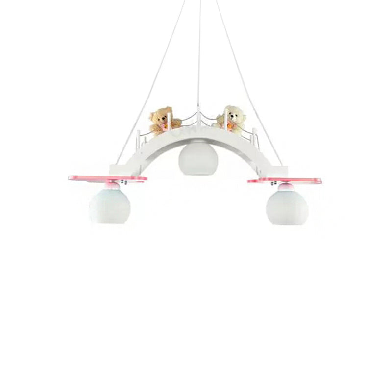 Cartoon Bridge Pendant Light With Toy Bear - 3 Lights Hanging For Girls Bedroom