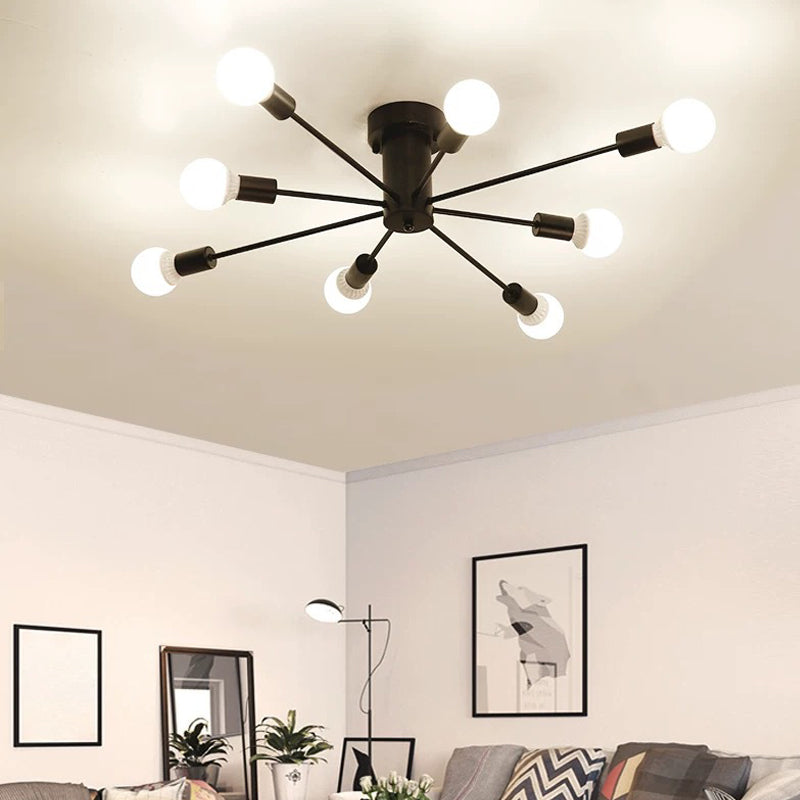 Sleek Sputnik Ceiling Light For Living Room - Metal Semi Flush Mount Chandelier 8 / Black