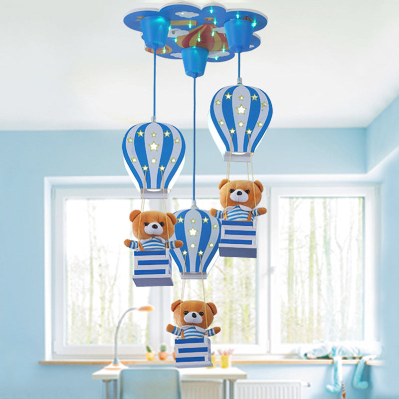 Contemporary Wood Bear Pendant Light - 3-Light Hanging Lamp For Baby Boys & Girls Bedroom