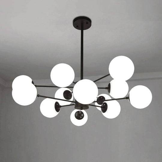 Minimalist Metal Chandelier: Modern Hanging Pendant With 12 Orb Opal Glass Shades In Black