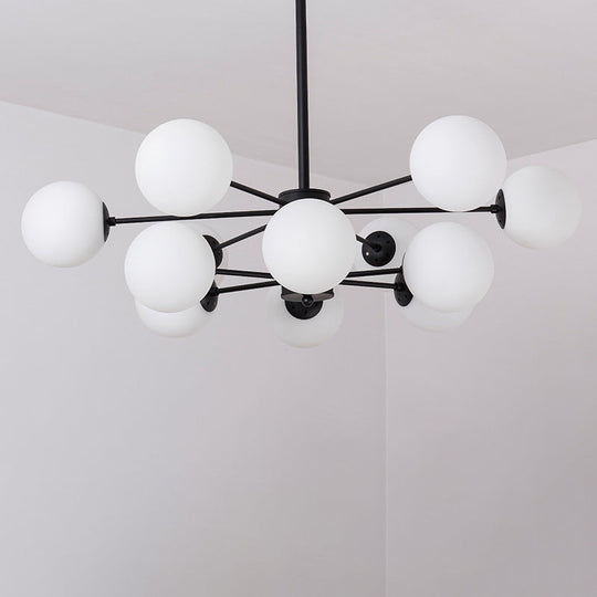 Minimalist Metal Chandelier: Modern Hanging Pendant With 12 Orb Opal Glass Shades In Black