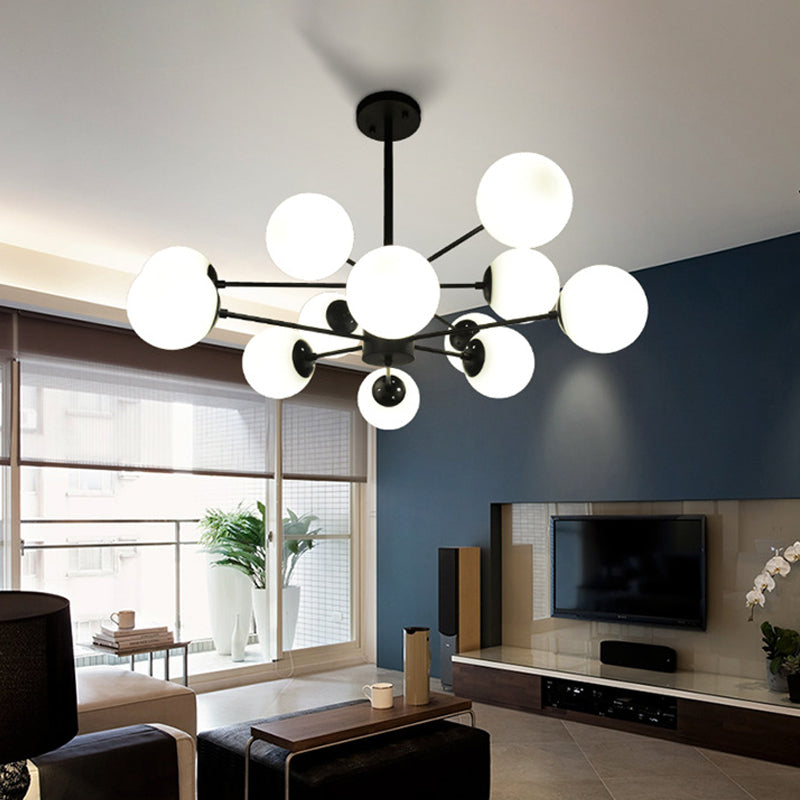 Minimalist Metal Chandelier: Modern Hanging Pendant With 12 Orb Opal Glass Shades In Black