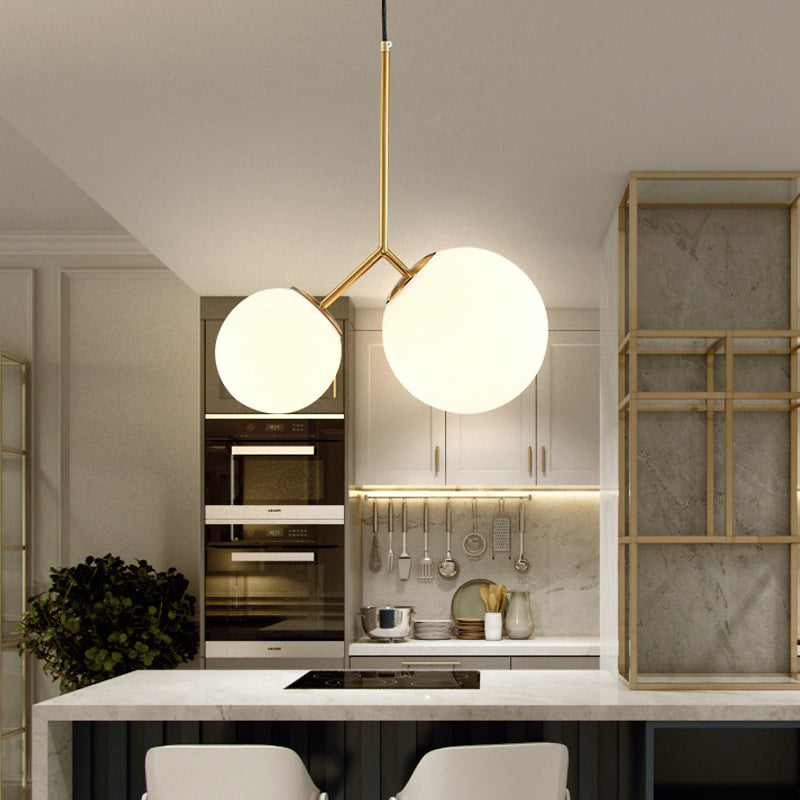 Modern Gold Spherical Chandelier Light: 2-Bulb Milky Glass Pendant For Dining Room