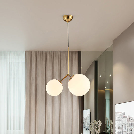 Modern Gold Spherical Chandelier Light: 2-Bulb Milky Glass Pendant For Dining Room