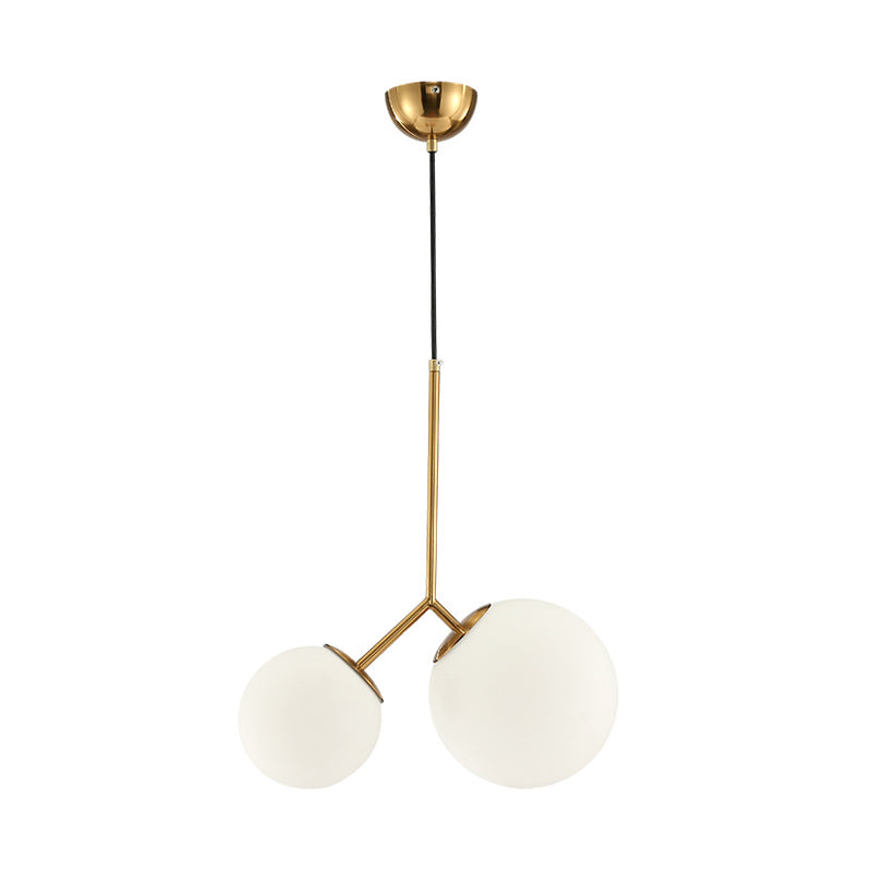 Modern Gold Spherical Chandelier Light: 2-Bulb Milky Glass Pendant For Dining Room