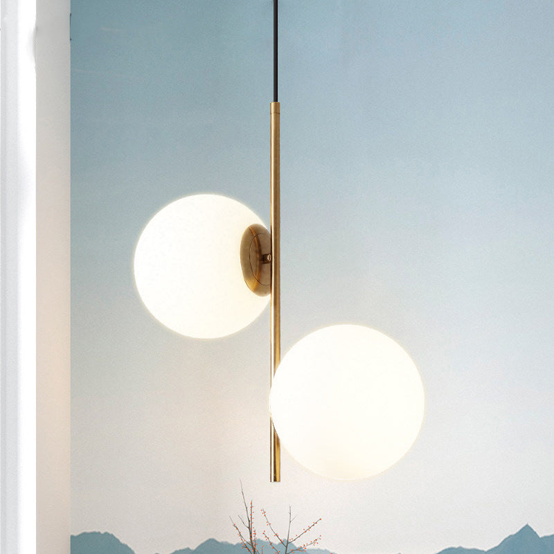 Nordic Gold Sphere Pendant Light Kit With Opal Glass Shade - 2 Lights Chandelier Lighting