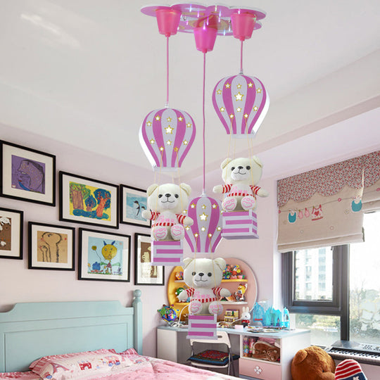 Contemporary Wood Bear Pendant Light - 3-Light Hanging Lamp For Baby Boys & Girls Bedroom Pink