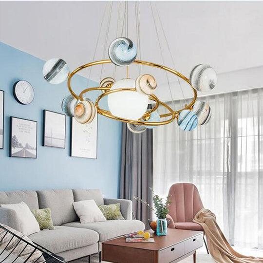 Solar System Chandelier Pendant Light Kit - Stained Glass, Modern Style, Gold - for Living Room