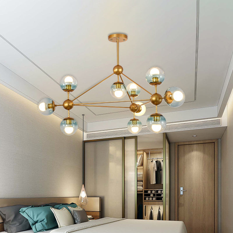 Contemporary 10-Head Gold Chandelier with Gradient Blue Glass Ball Pendant Lamp for Bedroom Lighting