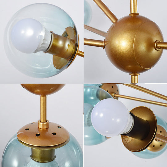 Contemporary Gold Chandelier With 10 Gradient Blue Glass Ball Lights For Bedroom