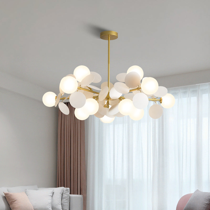 Contemporary Brass Sphere Chandelier Lamp with Milky Glass Pendant Lighting and Multi-Circle Decoration