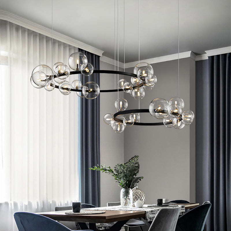 Minimalist Black Pendant Chandelier with Clear Glass Orb - Ideal Dining Room Lighting Fixture