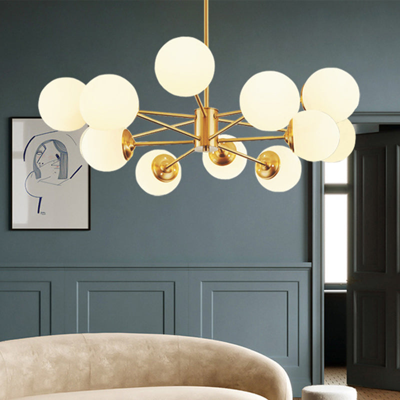 Modern Brass Radial Chandelier With Cream Glass Shade - Nordic Metal Suspension Lamp For Living Room